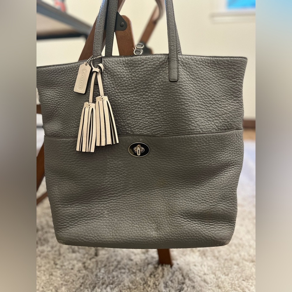 Coach Gray Leather Tote with Cream Tassels